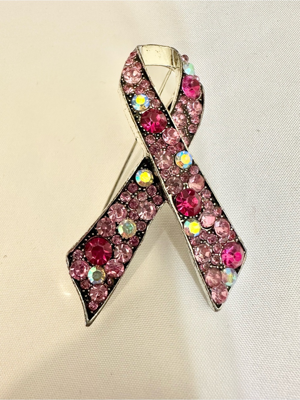 Pink Crystal Ribbon Brooch with Iridescent Accents